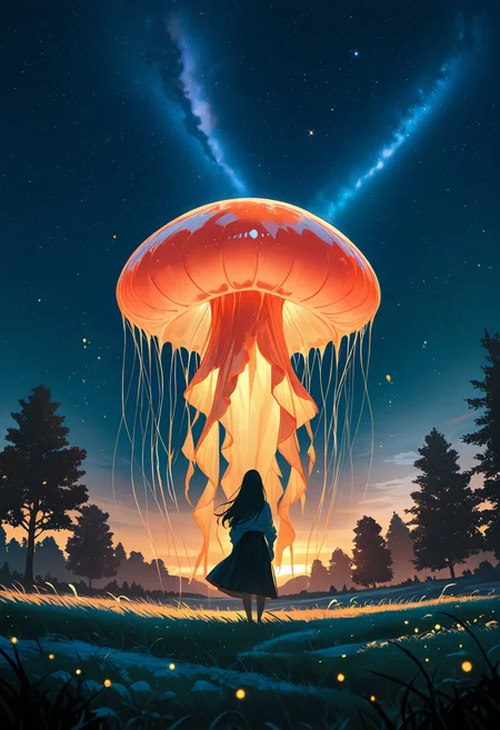 masterpiece, best quality, good quality, very awa, very aesthetic, absurdres, newest, 1girl, solo, long_hair, skirt, standing, outdoors, sky, from_behind, tree, night, grass, star_\(sky\), night_sky, scenery, starry_sky, sunset, arms_at_sides, facing_away, silhouette, dark, wide_shot, twilight, jellyfish