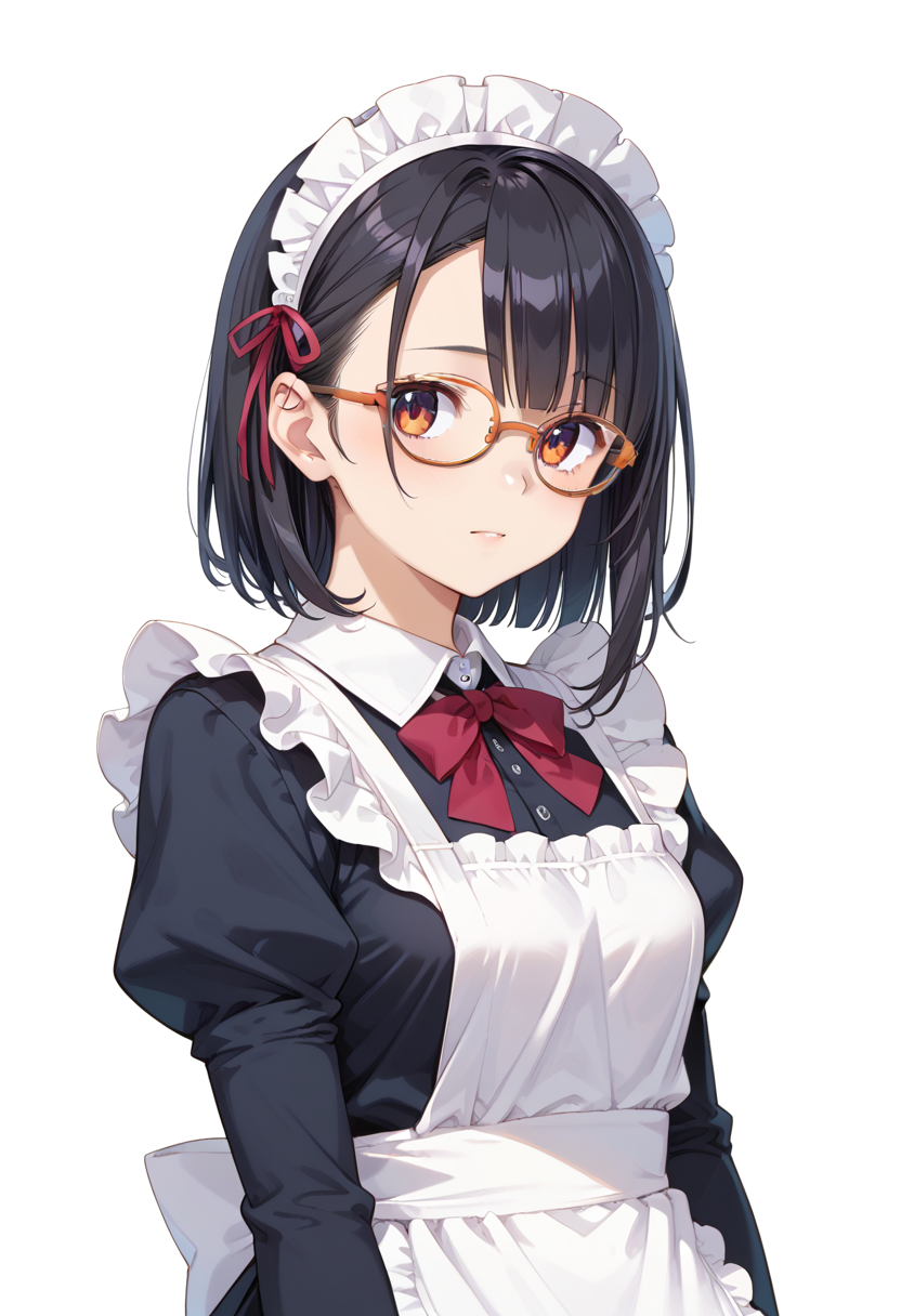 score_9, score_8_up, score_7_up, rating_safe, masterpiece, best quality, absurdres, unity 8k wallpaper, official art, official style, source_anime, uncensored, game cg, megami magazine,
1girl, solo, black hair, medium hair, upper body, covered eyes,maid, maid headdress, black dress, maid apron, face focus,
oval_metal, glasses, still life, white background, simple background, orange-framed eyewear,
 <lora:glasses_OvalMetal2_PONY_V1:1>