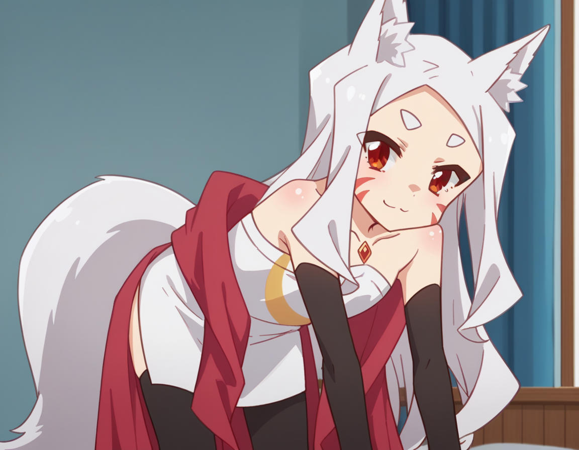 score_9, score_8_up, score_7_up, source_anime,
kitsuneshiro, <lora:kitsune-shiro-s1-ponyxl-lora-nochekaiser:1>,
shiro, long hair, red eyes, animal ears, tail, animal ear fluff, fox ears, fox tail, facial mark, thick eyebrows, fox girl,
thighhighs, gloves, dress, bare shoulders, jewelry, collarbone, black gloves, elbow gloves, black thighhighs, white dress, strapless, strapless dress, shawl,
indoors, bent over, smile,
cowboy shot, looking at viewer, solo,