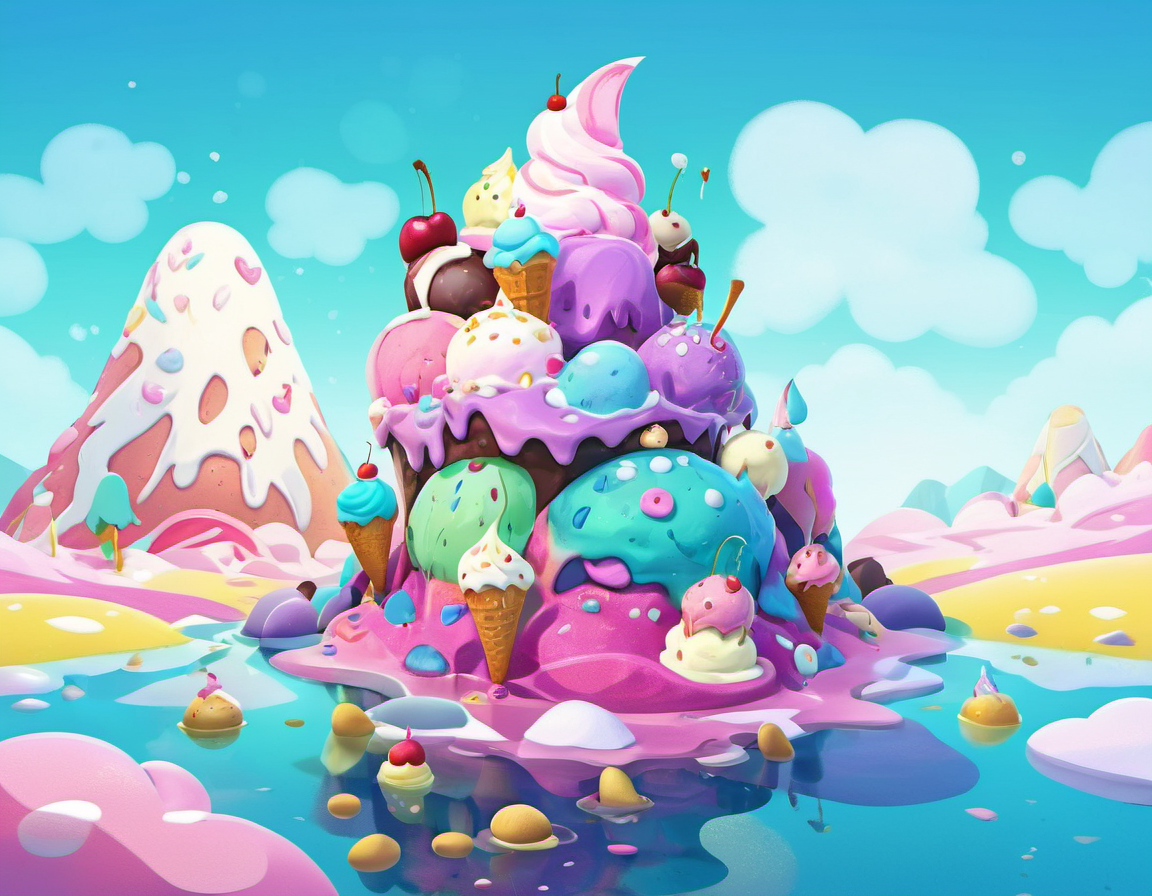 Ice Cream Wonderland: Pastel colors, ice cream mountains, syrupy rivers, ice cream creatures, cherry on top., detailed, sub surface scattering, particles, dust, sharp focus, glow <lora:MODILL_XL_0.27_RC:0.9>