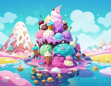 Ice Cream Wonderland: Pastel colors, ice cream mountains, syrupy rivers, ice cream creatures, cherry on top., detailed, sub surface scattering, particles, dust, sharp focus, glow <lora:MODILL_XL_0.27_RC:0.9>