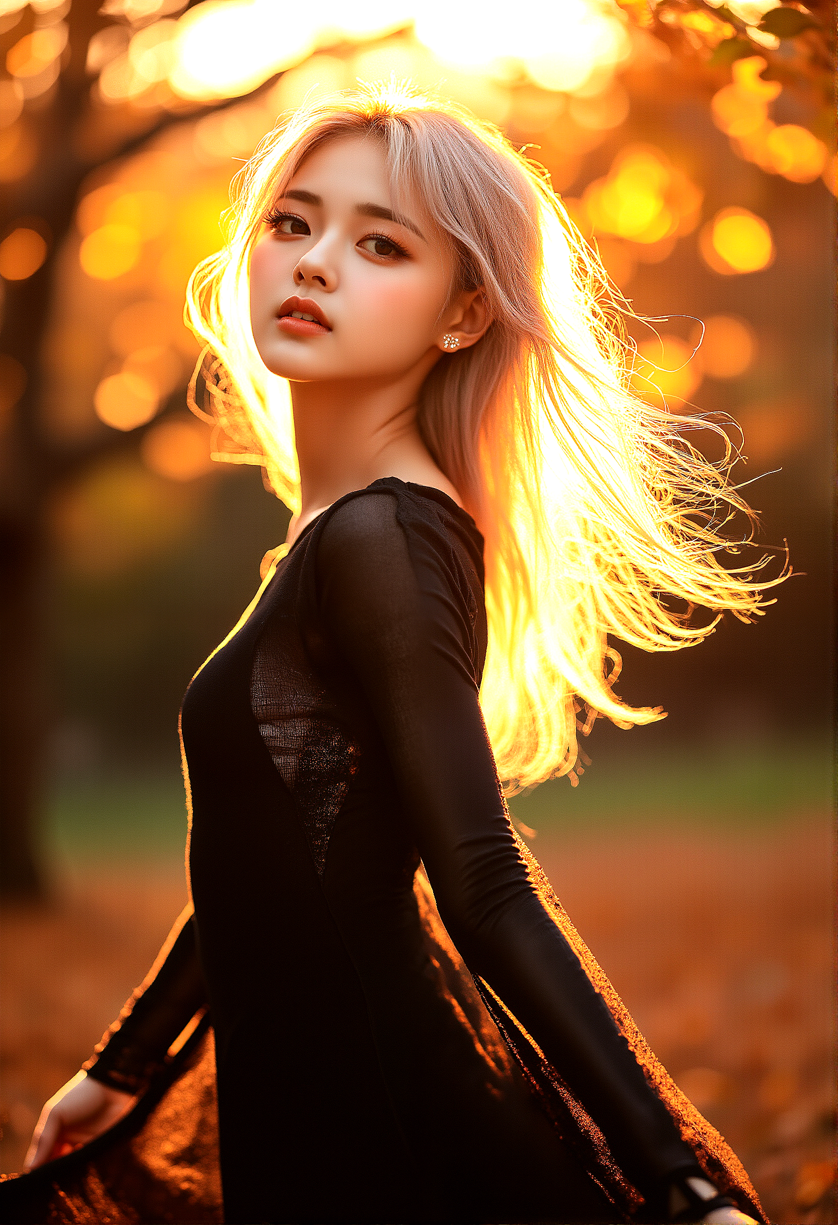 photorealistic photography of a woman in her 20s, platinum blonde hair, long eyelashes, thick eyelashes, makeup, glamourous, interesting black eyeliner, autumn attire, park scene, golden hour, serene expression, detailed facial features, warm smile, cozy clothing, autumn leaves, setting sun, warm, golden lighting, intricate fabric details, gentle breeze, peaceful atmosphere, ultra-high resolution, natural skin tone, light makeup, autumn hues, wide shot, medium shot, close-up, low-angle shot, high-angle shot, side profile, standing pose, walking through park, hair flowing in breeze, blurred autumn background, hyper-detailed environment, warm glow, tranquil park scene, falling leaves, balanced composition, dynamic stance, fluid motion, emotional connection, serene mood, background focus

The woman is captured mid-twirl, her skirt or dress flaring slightly as she spins. Her arms are outstretched, and her hair fans out around her, catching the light. She has a joyful, carefree expression, fully immersed in the moment of playfulness.

Elegant jewelry, like delicate earrings or a pendant, catching the light for an added touch of glamour. Intricate shadows cast by the tree branches on her face and body, adding depth and texture.
Gentle wind slightly lifting the tips of her hair, adding a touch of dynamic movement.

cinematic lighting, extremely intricate detail character, accurate depiction of character, correct body anatomy,correct hands and fingers, extremely intricate skin and facial texture detail, intricate black bodysuit design,lifelike potrayal, extrememly realistic lighting, extreme dynamic pose, 

 












