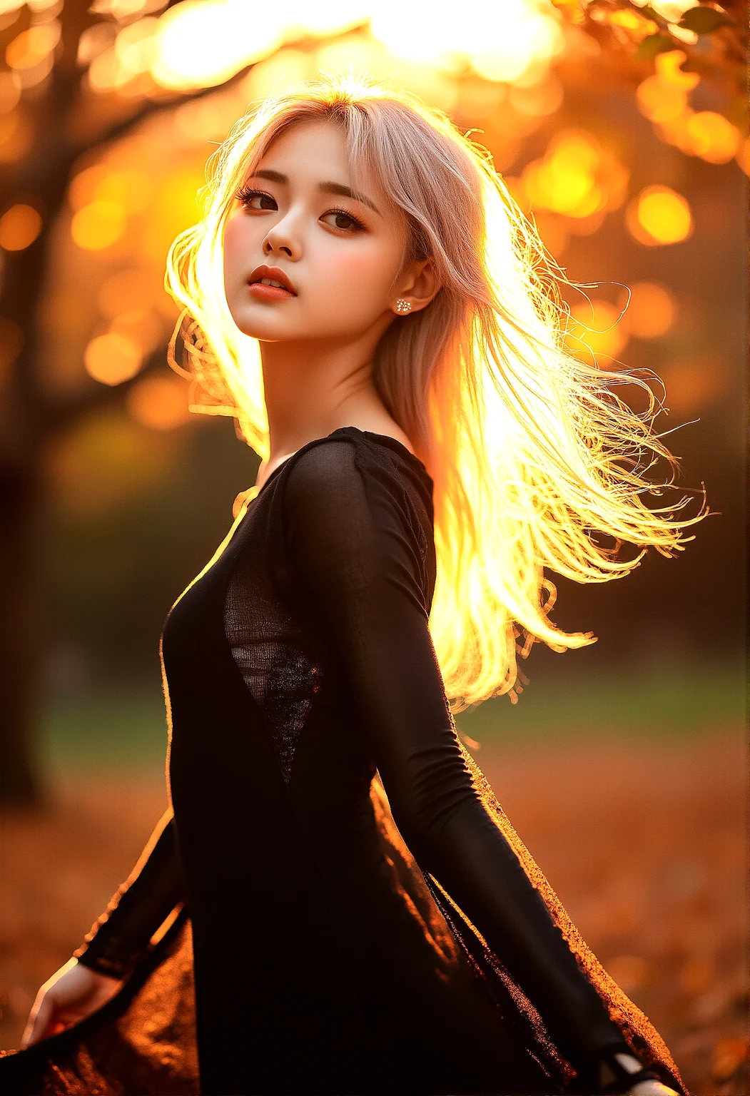 photorealistic photography of a woman in her 20s, platinum blonde hair, long eyelashes, thick eyelashes, makeup, glamourous, interesting black eyeliner, autumn attire, park scene, golden hour, serene expression, detailed facial features, warm smile, cozy clothing, autumn leaves, setting sun, warm, golden lighting, intricate fabric details, gentle breeze, peaceful atmosphere, ultra-high resolution, natural skin tone, light makeup, autumn hues, wide shot, medium shot, close-up, low-angle shot, high-angle shot, side profile, standing pose, walking through park, hair flowing in breeze, blurred autumn background, hyper-detailed environment, warm glow, tranquil park scene, falling leaves, balanced composition, dynamic stance, fluid motion, emotional connection, serene mood, background focus
The woman is captured mid-twirl, her skirt or dress flaring slightly as she spins. Her arms are outstretched, and her hair fans out around her, catching the light. She has a joyful, carefree expression, fully immersed in the moment of playfulness.
Elegant jewelry, like delicate earrings or a pendant, catching the light for an added touch of glamour. Intricate shadows cast by the tree branches on her face and body, adding depth and texture.
Gentle wind slightly lifting the tips of her hair, adding a touch of dynamic movement.
cinematic lighting, extremely intricate detail character, accurate depiction of character, correct body anatomy,correct hands and fingers, extremely intricate skin and facial texture detail, intricate black bodysuit design,lifelike potrayal, extrememly realistic lighting, extreme dynamic pose,