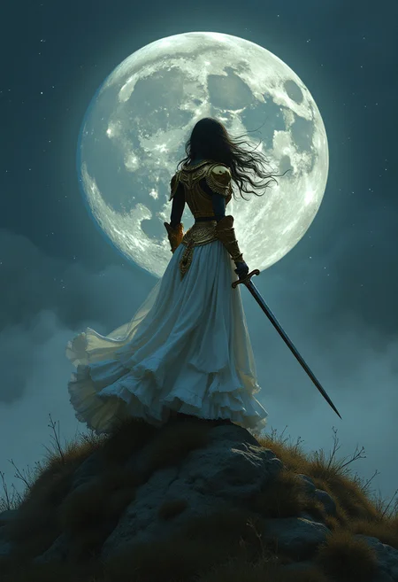 Hyperrealistic detailed, 3D, maiden on top of a hill in the middle of a full moon night, wearing a white dress and golden armor, dark silhouette, long hair blown up by the wind, she raises her sword to the sky, low fog, night, darkness, dark fantasy style, Frank Frazzetta, John Berkey, Agostino Arrivabene, hyper detailed, dark background