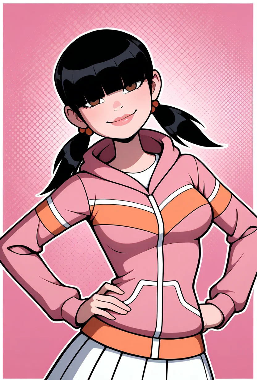 <lora:julieov:1>, julieov, black hair, twintails, 1girl, breasts, low twintails, pink hoodie, blunt bangs, hair ornament, jacket, long sleeves, brown eyes, lips, hair over eyes,, white skirts, smile, pose, hands on hips, leaning to side, expressive, wide face, looking at viewer, pink background,, upper body, halftone effect, white borders, abstract background:1.2,, masterpiece, best quality, amazing quality, very aesthetic, absurdres, newest,