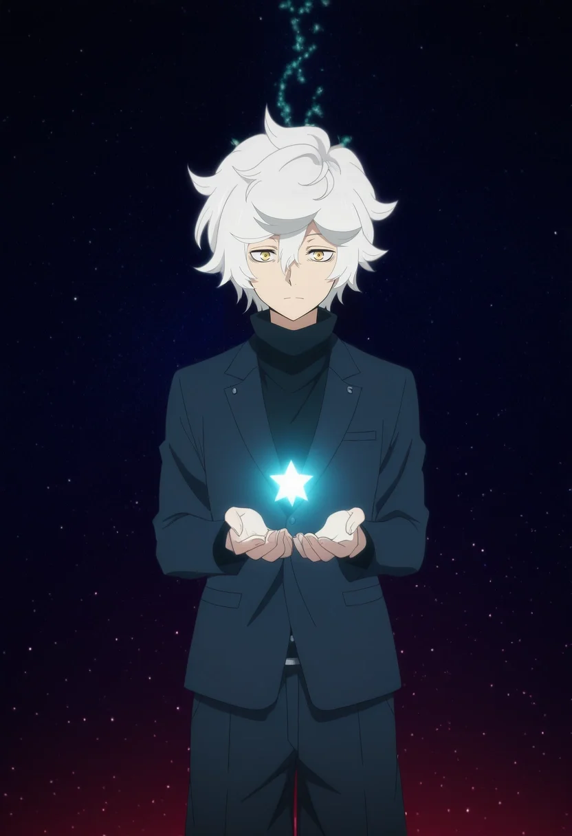 masterpiece, best quality, intricate details, anime screencap, anime coloring, official style,, 1boy, solo, male focus, <lora:gabimaru_jigokuraku_ilxl:0.92>, gabimaru_jigokuraku, white hair, yellow eyes, hair between eyes, short hair, messy hair, , , star observatory, cosmic paths, glowing constellations, starlit domes, gazing pose, inspired expression, space lighting, suit shorts,