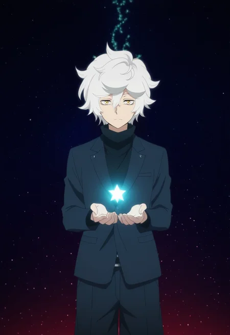 masterpiece, best quality, intricate details, anime screencap, anime coloring, official style,, 1boy, solo, male focus, <lora:gabimaru_jigokuraku_ilxl:0.92>, gabimaru_jigokuraku, white hair, yellow eyes, hair between eyes, short hair, messy hair, , , star observatory, cosmic paths, glowing constellations, starlit domes, gazing pose, inspired expression, space lighting, suit shorts,