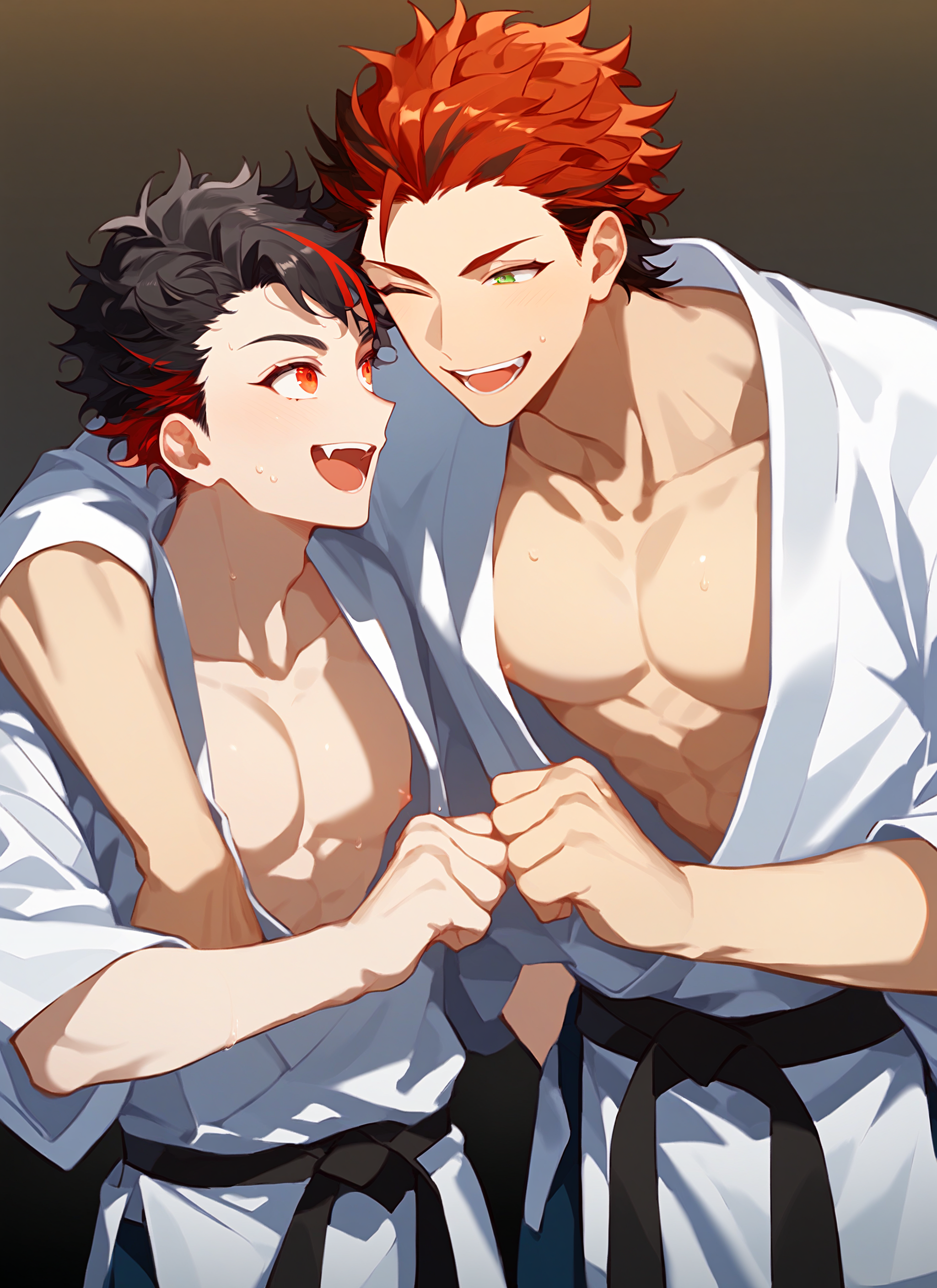 2boys, male focus, multiple boys, Tetora Nagumo, Kuro Kiryu, black hair, red hair, streaked hair, two-tone hair, orange eyes, green eyes, height difference, cowboy shot, 
open clothes, dougi, nipple slip, sweat, BREAK
standing, fistbump, arm around shoulder, facing another, looking at another, happy, laughing, light blush, 
simple background, best quality, amazing quality, best aesthetic, absurdres, dark theme, low light,
<lora:Kuro_Kiryu__Tetora_Nagumo_-_Ensemble_Stars_-_Pony_Comission:0.9> <lora:Pony_DetailV2.0:2> <lora:Expressive_H:1.8> Expressiveh <lora:Fist_Bump:0.3>