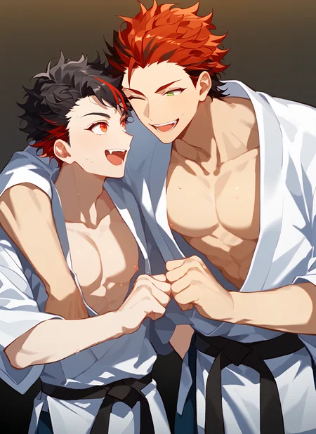 2boys, male focus, multiple boys, Tetora Nagumo, Kuro Kiryu, black hair, red hair, streaked hair, two-tone hair, orange eyes, green eyes, height difference, cowboy shot, 
open clothes, dougi, nipple slip, sweat, BREAK
standing, fistbump, arm around shoulder, facing another, looking at another, happy, laughing, light blush, 
simple background, best quality, amazing quality, best aesthetic, absurdres, dark theme, low light,
<lora:Kuro_Kiryu__Tetora_Nagumo_-_Ensemble_Stars_-_Pony_Comission:0.9> <lora:Pony_DetailV2.0:2> <lora:Expressive_H:1.8> Expressiveh <lora:Fist_Bump:0.3>