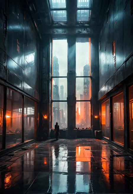 chdmchlwrd, Dark art, Large hall in skyscraper, huge reflecting Window to the ceiling, Rear View, Grey DARK color palette, Point of old orange in the far, 80s DARK dystopian Blade Runner Flair, Lowlight dark Pastel Tone, very Detailed, awesome Quality, reflecting, luminescent, translucent, Ethereal, Aura, Busty naked Motoko Kusanagi, See through dress, Body Silhouette, rainy dystopian Megacity through Window, overslept, shy questioning Look from below, underboob, puffy nipples, giga_busty, Wooly corduroy skirt, high wool stockings, very detailed, uhd, masterpiece, White smoke, light beams through smoke,