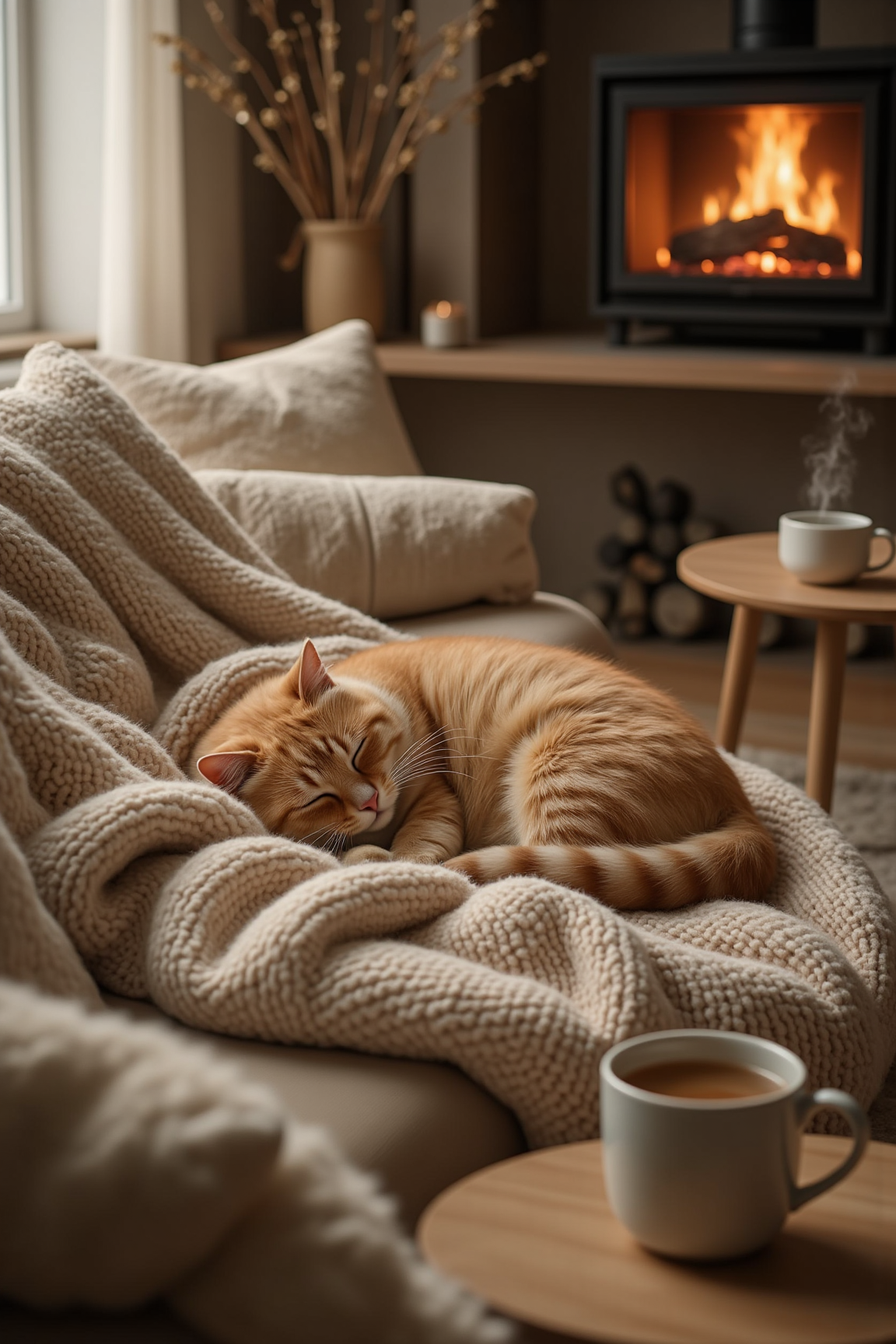 A serene living room with soft, warm lighting. A fluffy cat is curled up on a plush, knitted blanket draped over a couch. The cat is peacefully sleeping, with its paws tucked under its body and a content expression on its face. Next to it, a steaming mug of tea rests on a wooden table, and a crackling fireplace casts a gentle glow in the background. A few scattered cushions add to the cozy atmosphere, creating the perfect cozy winter scene.