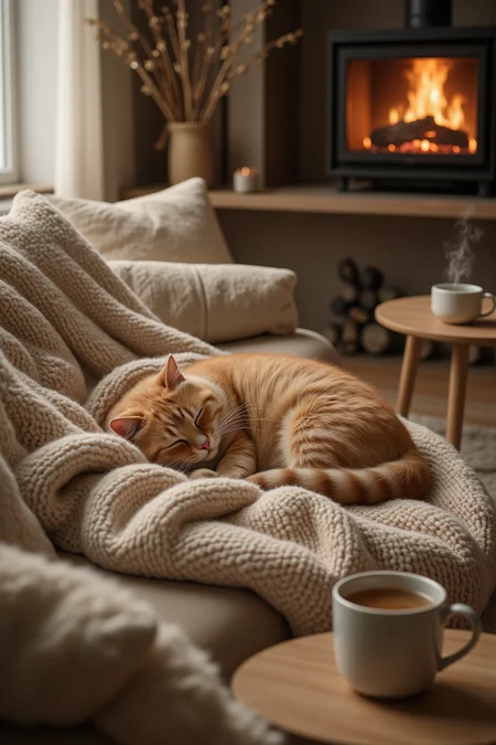 A serene living room with soft, warm lighting. A fluffy cat is curled up on a plush, knitted blanket draped over a couch. The cat is peacefully sleeping, with its paws tucked under its body and a content expression on its face. Next to it, a steaming mug of tea rests on a wooden table, and a crackling fireplace casts a gentle glow in the background. A few scattered cushions add to the cozy atmosphere, creating the perfect cozy winter scene.