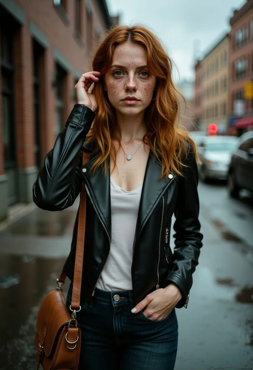 A stunning, high-resolution cinematic portrait in the style of Peter Lindbergh, capturing busty young woman, in her early 20s from an urban setting in the Pacific Northwest, specifically Seattle. She has striking blue eyes and soft freckles, her wavy red hair slightly damp from the misty air. She wears a fitted black leather jacket over a slightly unbuttoned white shirt, the fabric casually draping around her collarbone. Her well-worn slim-fit jeans hug her form, and scuffed ankle boots complete the effortlessly stylish yet grounded look. The setting is a rain-slicked city street lined with old brick buildings, with puddles reflecting the muted tones of the overcast sky. The natural light is dramatic and moody, filtering through the low-hanging clouds and casting deep shadows that add depth and texture to her face and clothing. The color palette is rich and atmospheric—cool blues and grays from the wet pavement and sky, warm golden tones from diffused sunlight breaking through, and earthy browns from her surroundings. She is caught in a candid moment, mid-step, adjusting her hair with one hand while her other grips the strap of a worn leather bag slung over her shoulder. Her expression is both strong and vulnerable, radiating quiet determination. The blurred background preserves the raw energy of the city