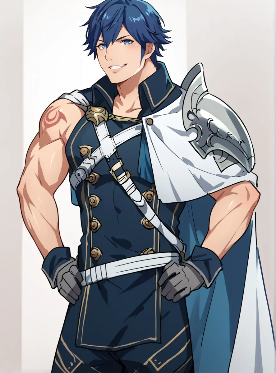 score_9, score_8_up, score_7_up, score_6_up, score_5_up, score_4_up , source_anime, anime screencap <lora:Chrom_-_Fire_Emblem_Awakening:0.8>chromfea, solo 1boy, blue hair, blue eyes, cape, gloves, armor, tattoo, shoulder armor, muscular male, hands on hips, smile, arm tattoo, from side, looking at viewer,