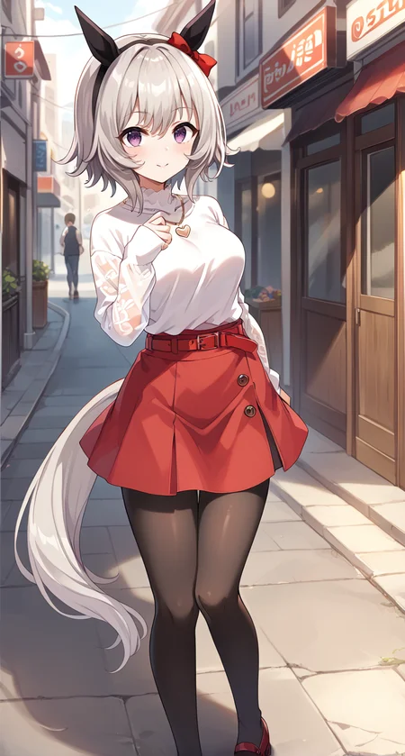 score_9,score_8_up,score_7_up,
official art,official style,game cg,megami magazine,
uncensored,
1girl,
crc casual,curren chan (umamusume),
animal ears,belt,black pantyhose,blush,bow,ear bow,ear covers,
fishnet pantyhose,fishnets,grey hair,hair between eyes,horse ears,horse girl,
pantyhose,purple eyes,red belt,red bow,red skirt,short hair,skirt,
sweater,white sweater,bangs,black hairband,eyebrows visible through hair,
hairband,highres,horse tail,long sleeves,see-through,see-through sleeves,
shirt,tail,violet eyes,sleeves past wrists,black legwear,
eyebrows behind hair,hair ribbon,headband,ribbon,silver hair,
jewelry,necklace,heart necklace,long dress,
standing,
<lora:umamusume_curren_chan_pony_v1:1>,