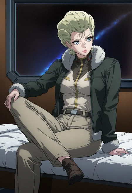 masterpiece, best quality, good quality, <lora:GTBClaudia:0.9>, GTBClaudia, 1girl, solo, blonde hair, short hair, hair slicked back, blue eyes, breasts, lipstick,
fur-trimmed jacket, open jacket, shirt tucked in, belt, pants,
crossed legs, sitting, leg up, brown shoes,
looking away,
BREAK dark, science fiction, star \(sky\), bed,