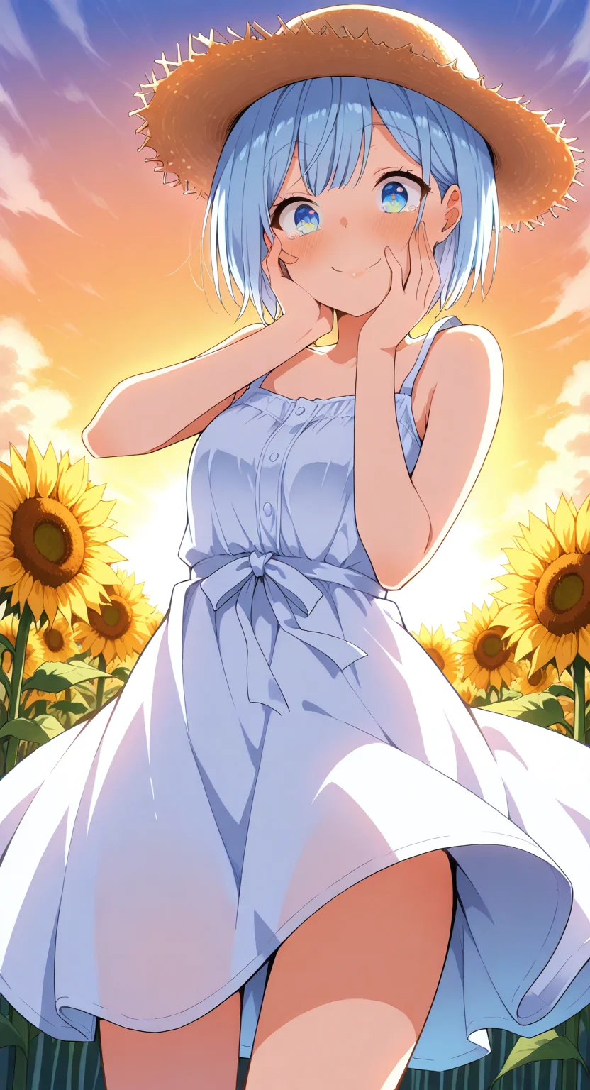 masterpiece, cute, lovely, (best quality:1.3), (amazing quality:1.3), high gradient eyes, very aesthetic, (1girl), (solo), flushed, (Aya_Style), close mouth, smile, Himari_Inuzuka, blue eyes, light blue hair, short hair, excited, BREAK, sunflower field. sunflower plantation, sunset, smile, BREAK, summer dress, summer hat, white dress, straw hat, sunset, cowboy shot, view from below, wind_lift, dynamic angle, (surprise, surprised face, one hand on face, take by surprise, pretending to be surprised), expressions surprise