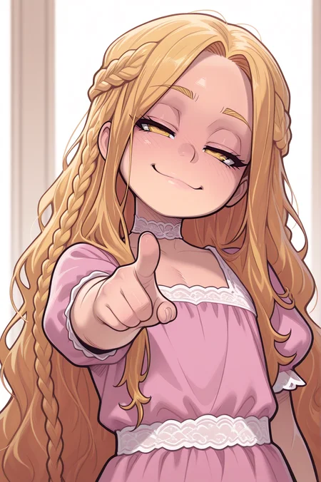 masterpiece, best quality, absurdres, 
upper body, pointing at viewer, smug, narrowed eyes, smile,
1girl, pink dress, white choker, lace choker, puffy sleeves, short sleeves, head tilt, 
 <lora:T1:0.9> ccmiquella, blonde hair, very long hair, yellow eyes, multiple braids, half up braid, wavy hair,
 <lora:Melkor_V4_Illustrious:1> melkor_style,