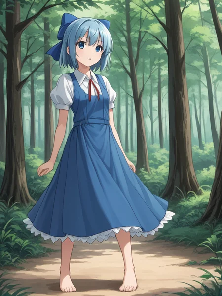 1girl, solo, adventchirno, blue hair, short hair, hair bow, blue eyes, blue dress, white shirt, collared shirt, short sleeves, puffy short sleeves, neck ribbon, outdoors, forest, standing, barefoot, parted lips
