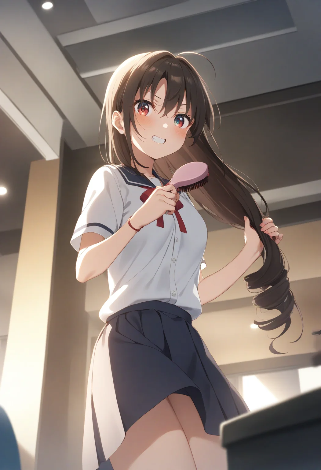 1girl,sincos, ningen mame, toosaka asagi,solo,medium breasts,school uniform,
brushing hair,hair brushing,hair brush,indoors, <lora:brushinghair_XL_v1:0.8>
ceiling, wide shot, looking to the side, brown hair, red eyes,grin, open mouth, drill hair,,
best quality, very aesthetic, absurdres