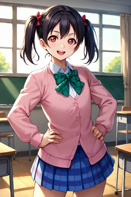 score_9, score_8_up, score_7_up, source_anime BREAK 1girl, solo, lovelive_nico, cowboy shot, school uniform, 140cm taller, petite, short, blue plaid skirt, pink cardigan, green bowtie, black hair, short twintails, red hairbow, red eyes, looking at you, smile, open mouth, hands on hip, classroom <lora:lovelive_nico:1>