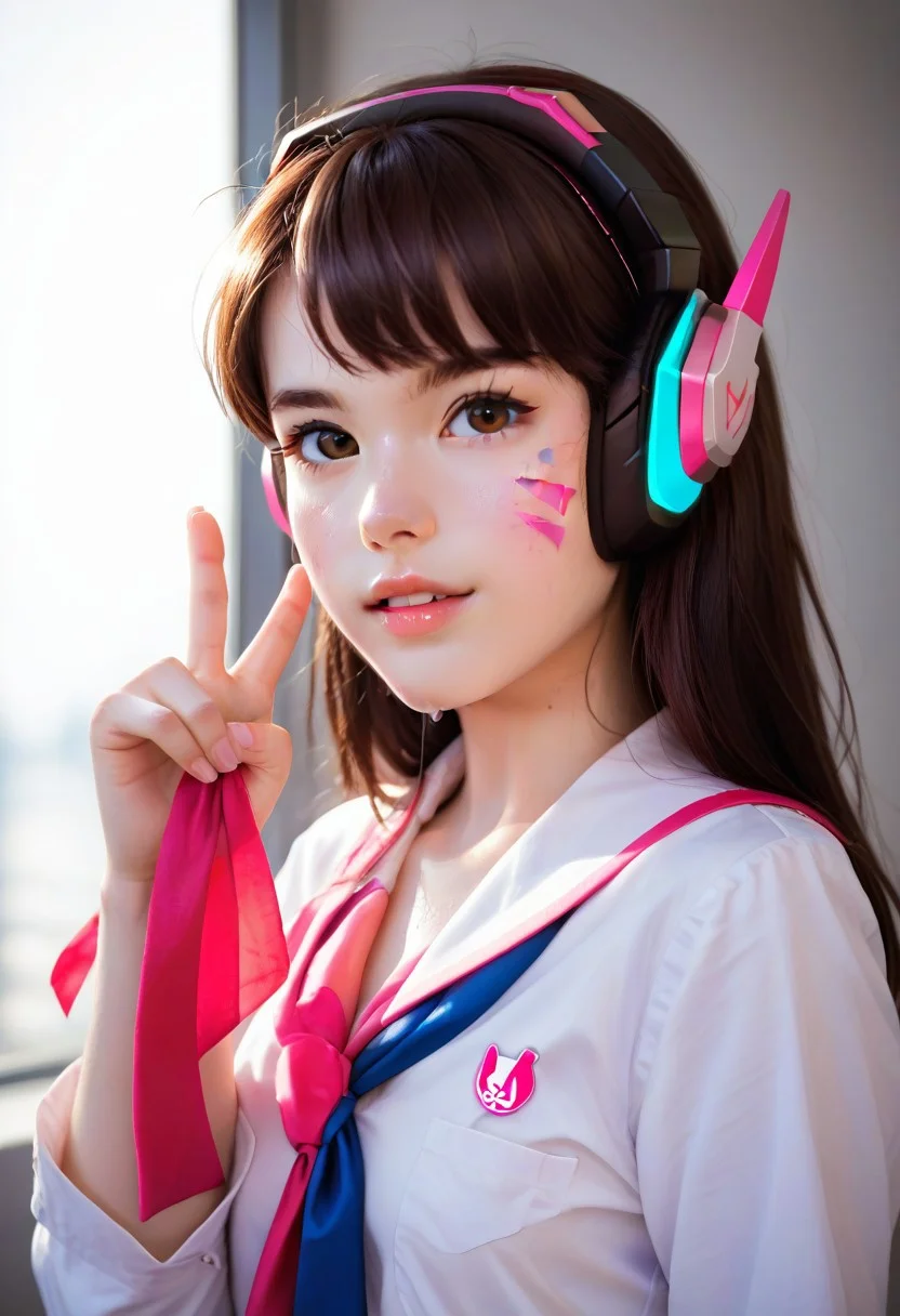 score_9, score_8_up, score_8, score_7_up, thin, score_7, rating_questionable, 1 girl, 19 years old, natural chest, (DVA), (hana song), Korean girl, happy, head tilt, eager virgin look, cute, sweaty, dynamic lighting, high contrast, dynamic hairstyle, school uniform, special pose, putting on a show, popstar, hourglass figured, view from side, dvapony, brown hair, facial marks, headphones, red scarf class rep, peace sign