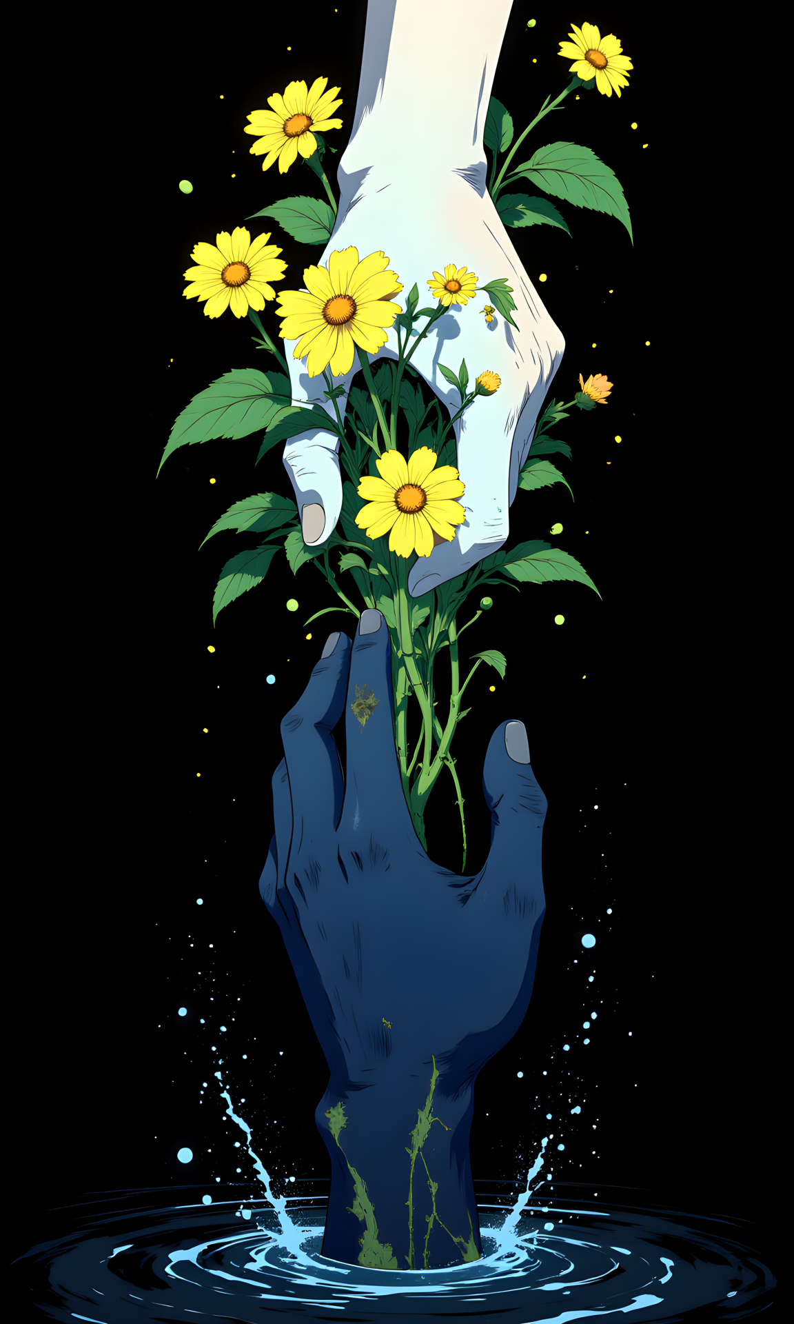 The image is an illustration of a two hands grasping each other.
One hand (forehand) reach from top of the frame. Top hand is covered with light blue and yellow gradient flowers. 
The hand is white and appears to be made of a soft material, possibly paper or fabric. 
The flowers are yellow and have green leaves and stems. 
Second hand (backhand) reaches from down of frame and made from dark navy and dark green roots. The hand is navy and appears to be made of a hard and rugh material, possibly some stone.
The background is black, and it shows dancing water and sparks around both hands. The overall mood of the image is surreal and dreamlike.
BREAK j_art, anime, anime art, <lora:FLUX\RetroAnimeS1.1:0.1>, <lora:FLUX\GLSHS:0.1>, <lora:FLUX\Dieselpunk Delight - s0_9 g4:0.1>, <lora:FLUX\Anime Art V3:0.1>, <lora:FLUX\jul\J_Anime:1.0>