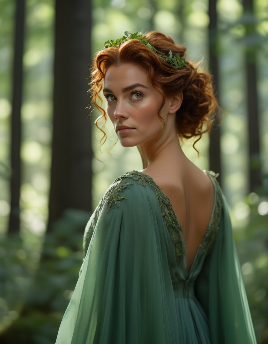 A portrait of a woman with curly, auburn hair pulled back into a loose bun, her green eyes filled with a quiet determination. Sheâs wearing a soft, flowing gown, standing in a forest clearing, the trees towering around her like silent guardians. <lora:usual-portrait-v2:1>