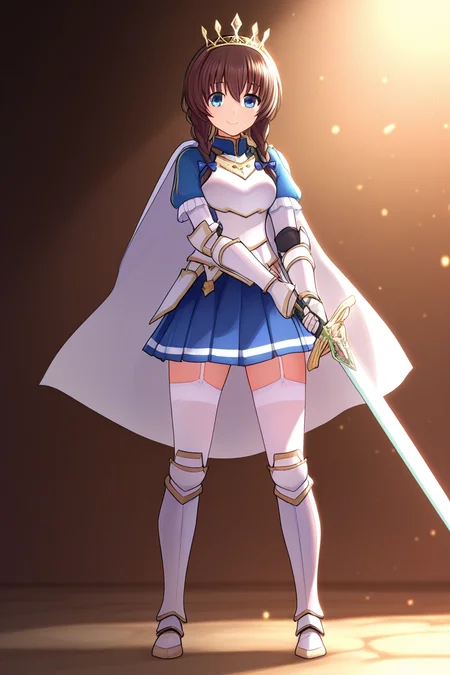 1girl, solo, front view, standing, full body, facing viewer, smiling, confident smile, photogenic, soft lighting, fantasy atmosphere, glowing particles, cinematic lighting, holding sword, centered composition,<lora:HolyKnight_Ricca_Illustrious:1.0>,holy_ricca,braid,twin braid,long hair,breasts,blue eyes, brown hairknight_ricca,,white_cape,blue_dress,gloves,skirt,armor,crown,white,breastplate,gauntlets,greaves,armored boots,armored dress,blue skirt,pleated skirt,garter belt,garter straps,,white thighhighs,boots,ricca_weapon,sword ,holding sword,two-handed,, masterpiece, best quality, amazing quality, newest