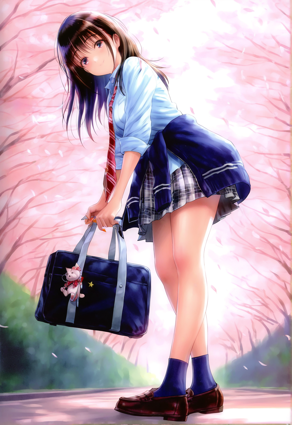 masterpiece,best quality,amazing quality,absurdres,aesthetic,newest,
nanami \(doa\), 1girl, solo, long hair, streaked hair, bangs, hair over eyes, hair on shoulders
artist:goto p,
standing, leaning forward, holding school bag, closed mouth, looking at viewer, school bag, midnight blue school bag, star \(symbol\), charm \(object\), bag charm, bow bag charm, star bag charm, keychain, stuffed cat, stuffed cat keychain, bow, diagonal-striped bow, red bow, yellow bow, zipper, zipper pull tab, school bag zipper, long hair, streaked hair, bangs, hair over eyes, hair on shoulders, school uniform, necktie, red necktie, striped necktie, diagonal-striped necktie, shirt, wing collar, white shirt, collared shirt, sleeves rolled up, shirt tucked in, skirt, plaid, plaid skirt, pleated skirt, clothes around waist, sweater jacket, deep blue sweater jacket, sweater jacket around waist, socks, deep blue socks, shoes, loafers, brown footwear, breasts, medium breasts, fingers, fingernails, orange nails, nail polish, full body,from below,
upper body, from side, cherry_blossoms, petals,wind,
 <lora:doa_nanami_noobxl_vpred10_v10:0.85>