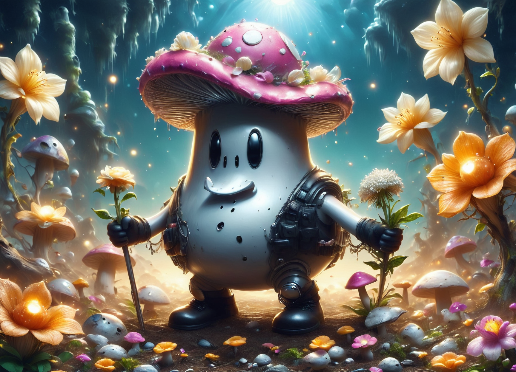 DonM5hr00mKn1gh7XL solo, shroom guy,infiltrator , magical realm, nighttime silence,alpine flower,ducklings <lora:DonM5hr00mKn1gh7XL-pony:1>