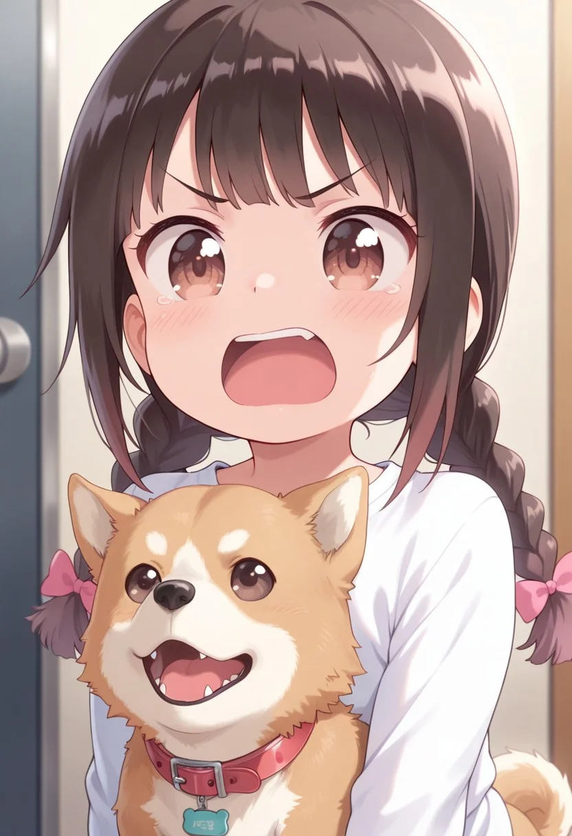 masterpiece,best quality,amazing quality, matsumoto yuuna, dark brown hair, long hair, child, brown eyes, 1girl, braid, dog, twin braids, open mouth, bow, shirt, white shirt, hair bow, v-shaped eyebrows, twintails, collar, pink bow