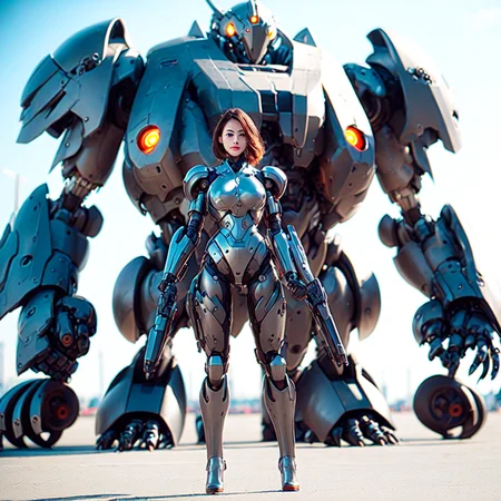 photo, a woman in a body suit standing in front of a giant robot (MechAssassin style:1) <lora:djzMechAssassinV21:0.8>
