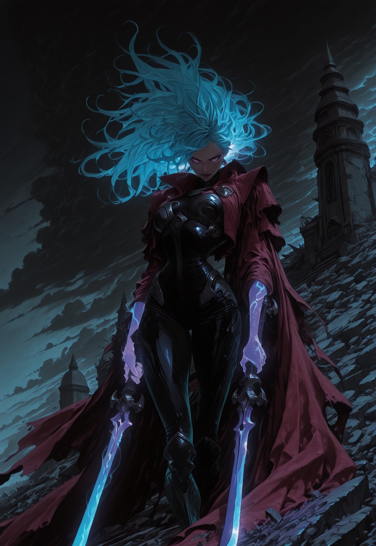 masterpiece, very aesthetic, absurdres, 8k, Smo0thL1nes, lazypos, 

solo, 1girl, from front, DS_Katarina, aqua blue hair, gradient hair, purple eyes, detailed eyes, realistic face, looking at viewer, right purple hand, glowing hand,  holding one sword,

black chrome bodysuit, narrow waist, loose red cloak, fabric texture,
BREAK,
standing on top of a large mound of rubble,
view of a battlefield, thick layer of dark clouds cover the ground, night, p0nyd1sney1ncasev1x0n2,
traditional media, western comics \(style\), vivid_color, high contrast, speed lines, move_effects, 