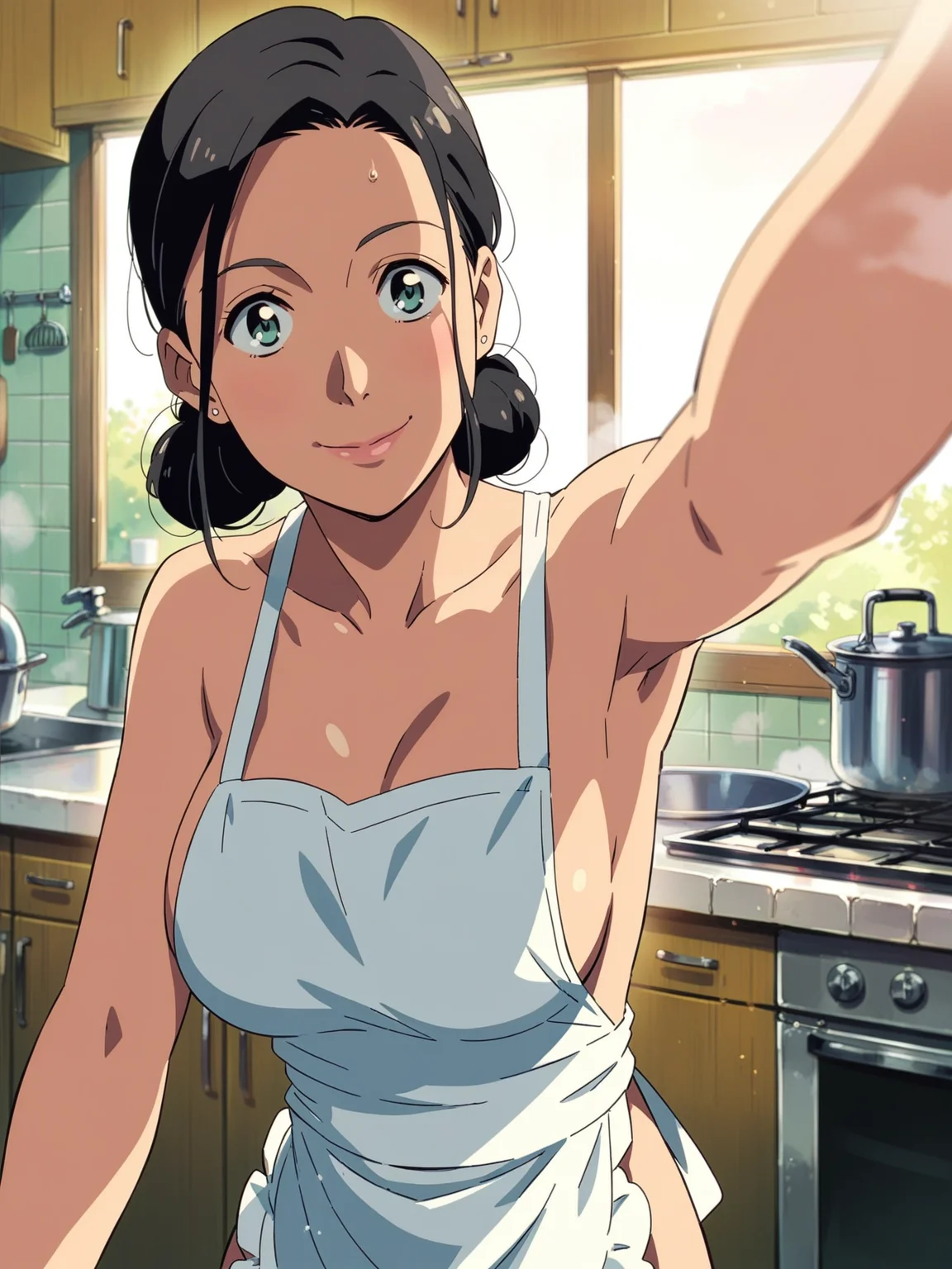 score_8_up, score_7_up, pov selfie, portrait of beautiful milf in white apron, smile, bare shoulders, short black hair, kitchen, window, steam, anime screencap, makoto shinkai style