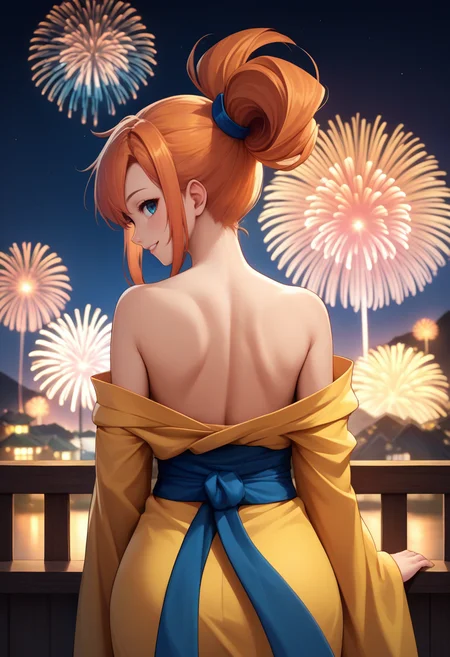 score_9, score_8_up, score_7_up, source_anime, from behind, solo, 1girl, lynne, smile, looking back, ponytail, yellow kimono, off shoulder, blue sash, bare shoulders, fireworks <lora:ghosttrick_lynne_ponyXL:1>