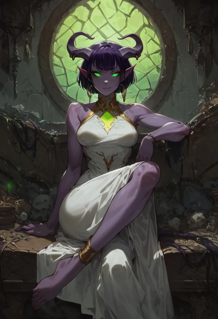 score_9, score_8_up, score_7_up, looking at viewer, 1girl, tiefling, green eyes, small horns, short hair,bob cut, one side bang, purple hair, purple skin, green glowing marks on skin, (long white dress), medium breast, (hair bang), (smug:0.6), piercing horns, earrings, sitting, crossing legs, bare foot,