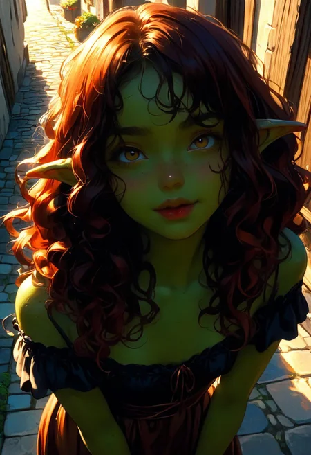 score_9, score_8_up, score_7_up, 1girl, goblin, short, dark green skin, solo female focus, large pointed ears. skinny, wild red hair, long hair, loose curly hair, green skin, freckles, Freckled ass, beautiful yellow eyes, small breasts, brown loin cloth, cloth chest wrap. Pouting lips. Blushing, cute smile, expression. Looking up at viewer. View from above. Winking, blowing kiss, holding up both hands to blow a kiss.
Medieval town street. Bright sunny day