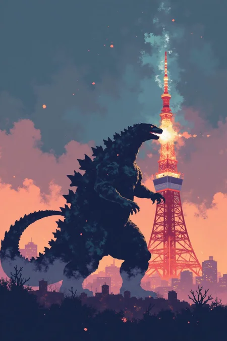 Godzilla breathing fire on Tokyo tower <lora:minimalist_flat_illustration_nbm:1.0><lora:797682346066255041:0>