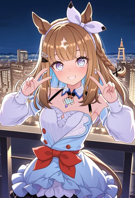 <lora:Almond_Eye:1> almondeyeuma, horse girl, double v, outdoors, night, city lights, tokyo,, masterpiece, best quality, amazing quality,