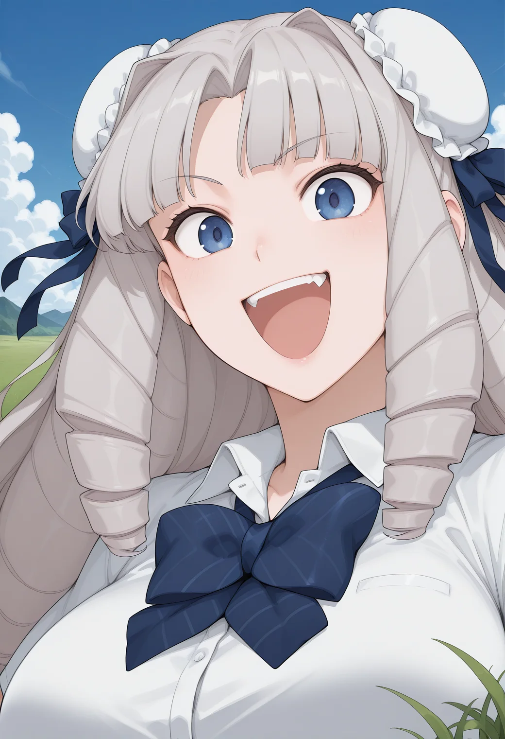 fuzidou_oriko, blue eyes, grey hair, long hair, drill hair, double bun, bun cover, hair ribbon, school uniform, blue bowtie, white shirt, collared shirt, <lora:fuzidou_oriko_illustrious_ver2:0.8>
smile, open mouth, teeth,, (looking at viewer:1.2),, masterpiece, best quality, sensitive,, 1girl, solo, blue sky, (grasslands:1.2), looking at viewer,, (upper body:1.2), (open eyes:1.4), (portrait:1.4)