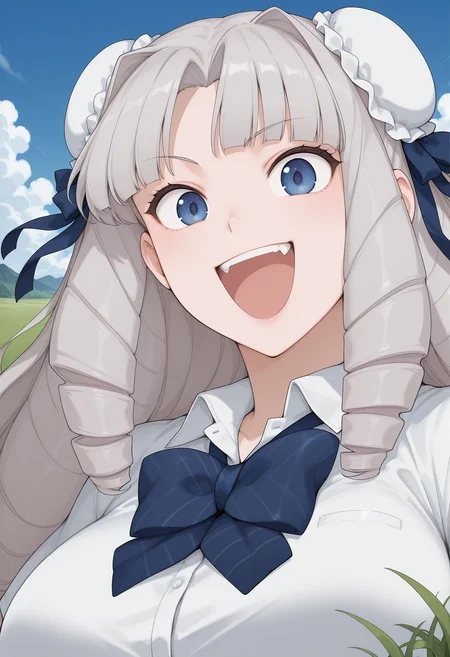 fuzidou_oriko, blue eyes, grey hair, long hair, drill hair, double bun, bun cover, hair ribbon, school uniform, blue bowtie, white shirt, collared shirt, <lora:fuzidou_oriko_illustrious_ver2:0.8>
smile, open mouth, teeth,, (looking at viewer:1.2),, masterpiece, best quality, sensitive,, 1girl, solo, blue sky, (grasslands:1.2), looking at viewer,, (upper body:1.2), (open eyes:1.4), (portrait:1.4)