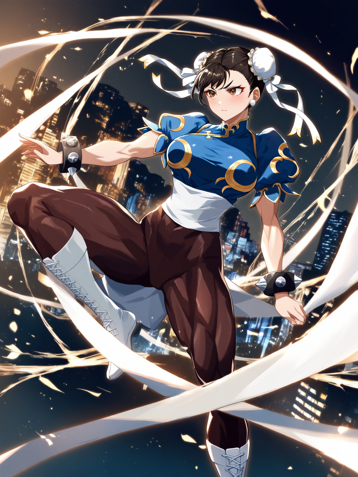 masterpiece, best quality, very aesthetic, absurdres,   .,, chun-li, Height: Approximately 5 feet 6 inches (167 cm). Build: Muscular and athletic, with a focus on her strong, toned legs, she maintains a feminine and elegant physique. Hair: Dark brown or black hair, typically styled into two distinctive buns, wrapped in white silk ribbons. Eyes: Brown eyes that are large, expressive, and determined, Skin: Smooth and fair complexion, often with a slight blush that highlights her youthful energy and vitality. . , <lora:skyline-abstract:0.5>, background, scenery, (city, cityscape, city lights, street, abstract background:0.7), <lora:wabstyle:1><lora:wabstyle:1><lora:wabstyle:1><lora:wabstyle:1>