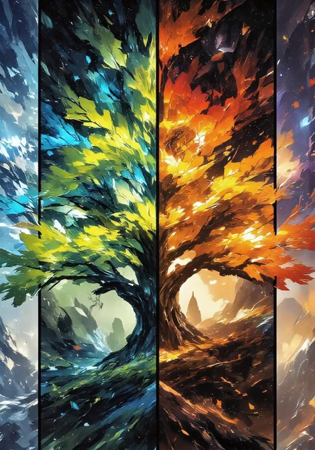 A tall fantasy art panel divided into four vertical sections, each showing the same stylized tree in a different season:
- Left section: winter theme with vibrant icy-blue leaves, snowflakes, and a dark starry sky
- Second section: spring theme with bright green leaves, soft glow, and gentle sparkles
- Third section: summer theme with warm golden-orange leaves, light glow, and shimmering atmosphere
- Right section: autumn theme with fiery red leaves, falling foliage, and a darker star-filled sky
Each section seamlessly transitions in color and mood, leaves softly glowing and drifting,
intricate detail, ultra-detailed, fantasy lighting, digital painting, trending on ArtStation, 8k resolution