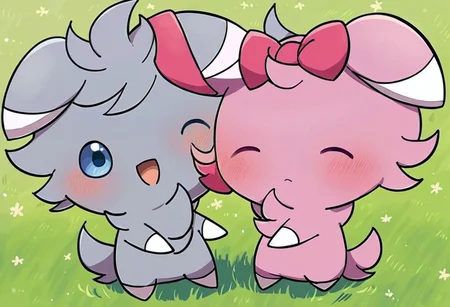 score_10, score_9_up, detail, source_furry, rating_safe, espurr, two espurrs, cute, feral, pokemon \(species\), chibi, 1boy1girl, a couple, equal, a couple of espurrs, a shiny espurr and a normal espurr, espurrs with gray fur and pink fur, girl with pink fur, boy with gray fur, pink fur with hair bow, female with hair bow, looking at another, eye contact, outdoor, daytime