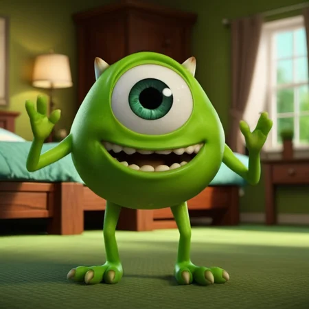 BobRazowski1024, a short green creature ((with one eye)) smile in a bedroom, t pose, detailed eyes, highly detailed , photography, ultra sharp, film, bokeh, professional, 4k, highly detailed   <lora:add-detail-xl:1.5>  <lora:BobRazowski1024:0.8>