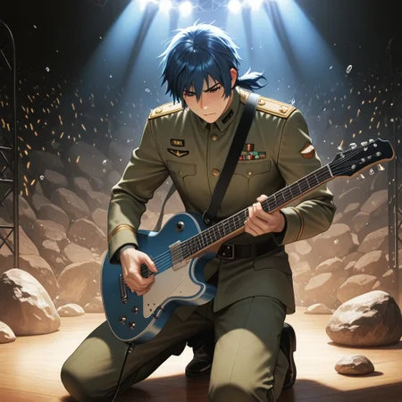 masterpiece, best quality, amazing quality, absurdres, newest, detailed background, definition so sharp, Ultra-HD, 8K cinematic, very awa, impressionate, amazing quality, highres,
solo, male focus, manly,
daikakukokujouji, 1boy, short hair, tied hair, low tied hair, lieutenant_pretime, lieutenant_blue hair, lieutenant_brown eyes, playing guitar, headbanging, energetic performance, but nearly dropping guitar, stage lighting, rock concert, passionate, cool, clumsy, charming, musical
