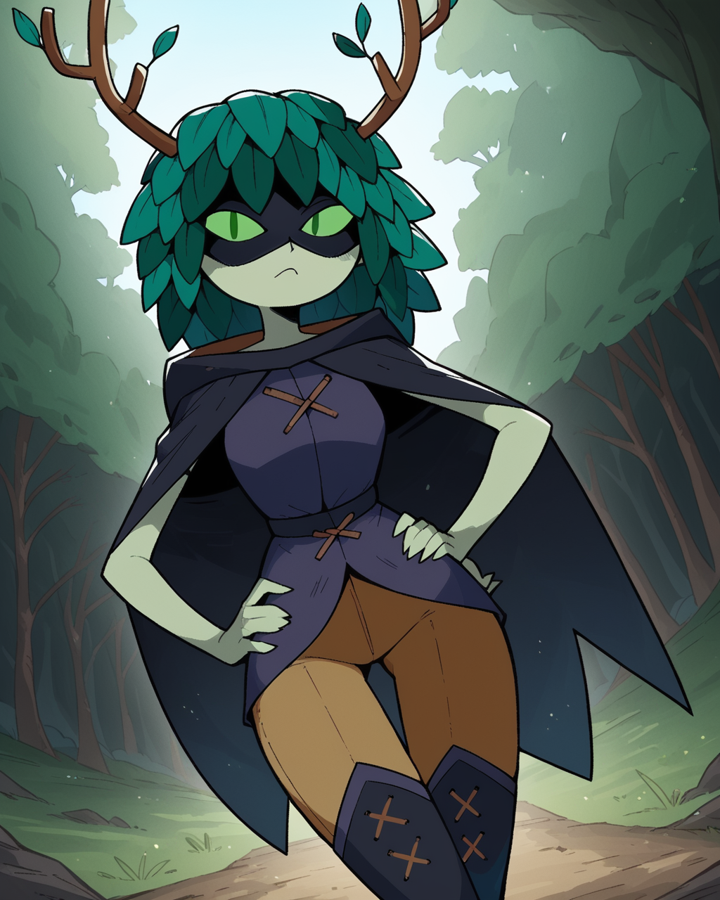 score_9, score_8_up, score_7_up, 1girl, huntress wizard, green hair, green skin, slit pupils, antlers, black cape, black tunic, brown glove, seductive pose, hand on hip, cloak, brown pants, thigh boots, black boots, looking at viewer, dynamic angle, outdoors, forest, nature,  <lora:HuntressWizard_PDXL:1>