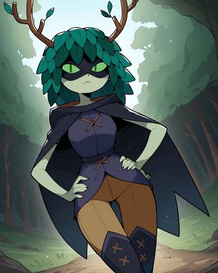 score_9, score_8_up, score_7_up, 1girl, huntress wizard, green hair, green skin, slit pupils, antlers, black cape, black tunic, brown glove, seductive pose, hand on hip, cloak, brown pants, thigh boots, black boots, looking at viewer, dynamic angle, outdoors, forest, nature, <lora:HuntressWizard_PDXL:1>