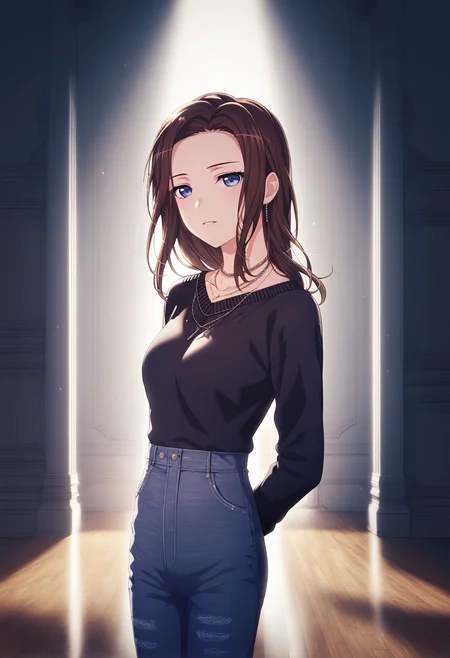 score_9,score_8_up,score_7_up,source_anime,
<lora:LAYER>,maiden,
LAYER,
NORMAL-G,pants,necklace,jewelry,long hair,sweater,brown hair,blue eyes,long sleeves,jeans,denim,
wallpaper,absurdres,masterpiece,hands on the ground,a slim figure,looking at viewer,
stage,spotlight,standing,one-handed akimbo,